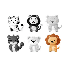 Naklejka premium A playful collection of cute animal illustrations featuring a tiger, lion, and more on a white isolated background.