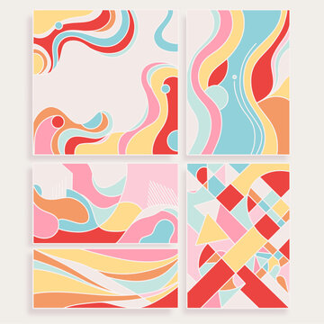 Collection of Multicolour Abstract Flowing Retro, Wavy, Liquid, Psychedelic, Groovy Illustration Poster Background Set in 70s Style