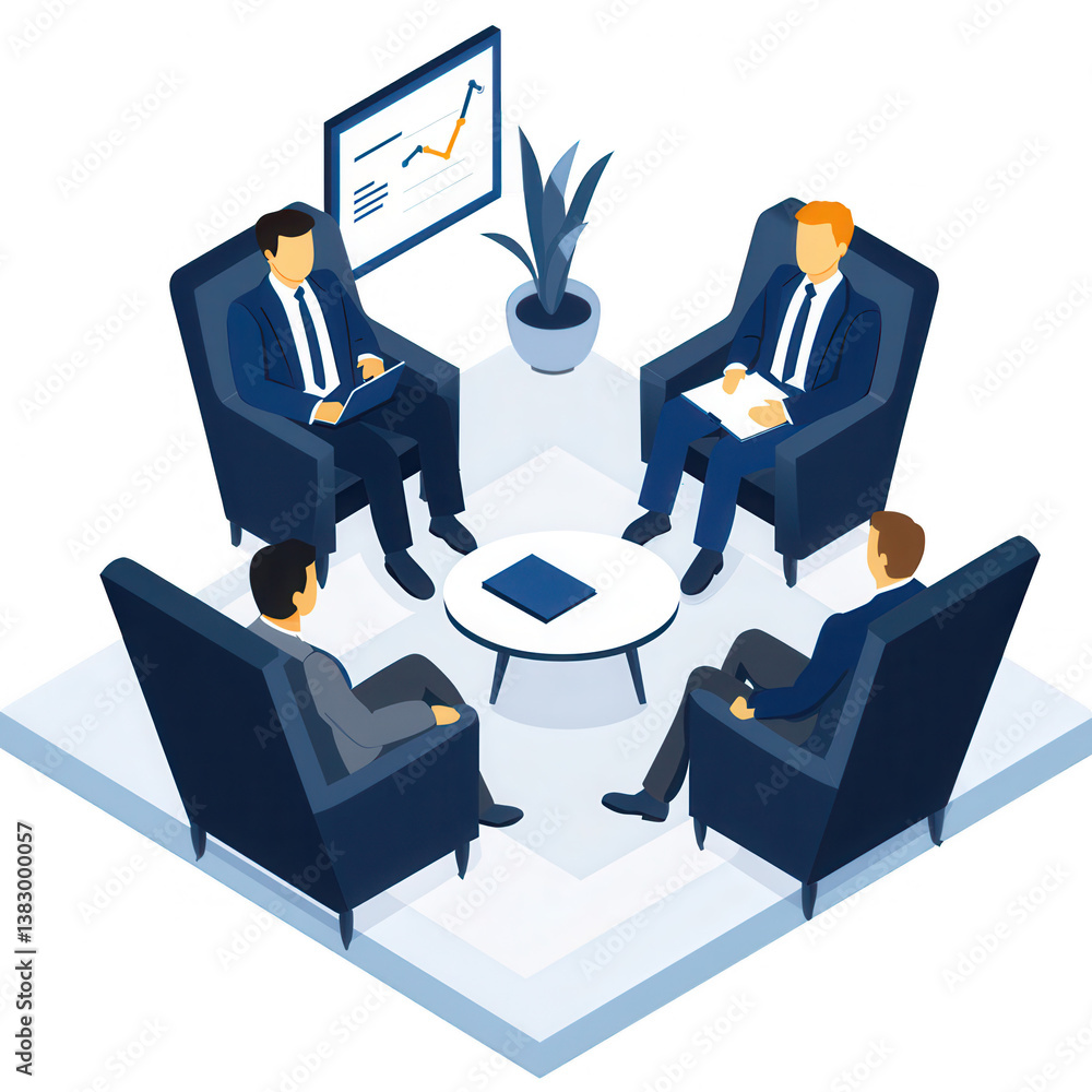 Poster a professional business meeting scene featuring four individuals seated in an office environment, di