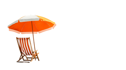 Beach chair and orange umbrella on black background, cut out transparent