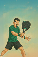 Trendy Anime-Style Padel Illustration for Advertising and Social Media Promotions. Padel player on sky background. Open social tour events template.