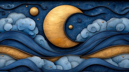Obraz premium Crescent Moon and Stars Night Sky Gold and Blue Wave Illustration