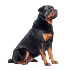 Fototapeta premium A proud Rottweiler dog sitting elegantly against a white isolated background, showcasing its strong physique and attentive expression.