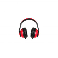 Fototapeta premium Stylish red and black stereo headphones on a white isolated background, perfect for music lovers and audiophiles seeking quality sound and comfort.