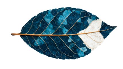 Blue veined leaf, skeletal texture, decay and loss of color, cut out transparent