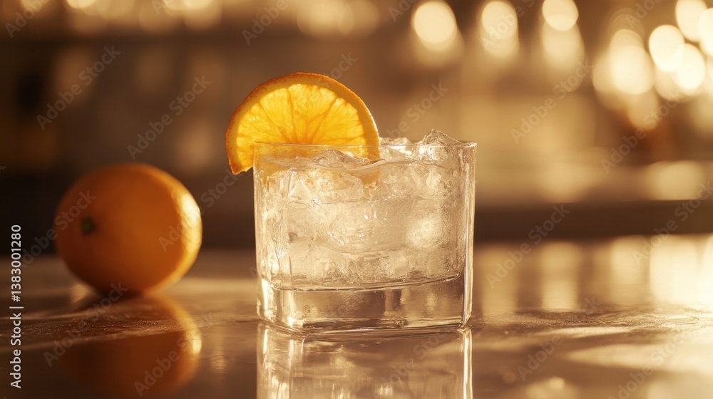 Poster refreshing cocktail with ice cubes and orange slice on a reflective surface warm light and bokeh bac