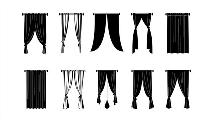 Various curtain styles; design options; home decor; white background; interior design