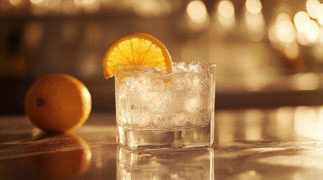 Refreshing cocktail with ice cubes and orange slice on a reflective surface warm light and bokeh background