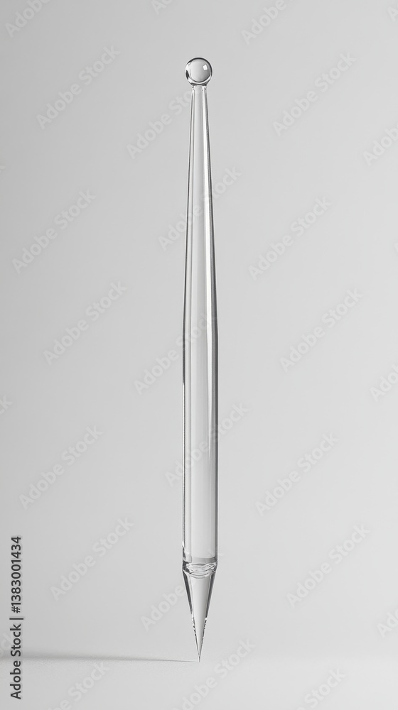 Poster clear glass pipette with spherical top and sharp tip against a light gray backdrop studio shot