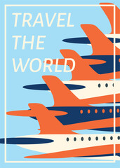 Abstract minimal travel poster, cover, card set with sun, plane in the clouds, palm tree, luggage and typography design. Summer holidays, journey, vacation travel illustrations