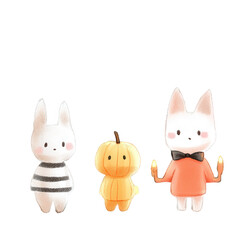 Three cute character figurines: two rabbits and a pumpkin, each with unique outfits. Perfect for autumn and seasonal decoration. Ideal for children's themes.