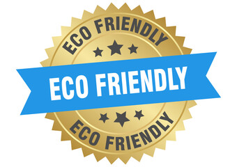 eco friendly. eco friendly round blue and gold label isolated on transparent background