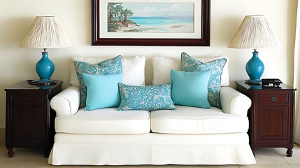 A stylish living room with a white sofa and turquoise accents