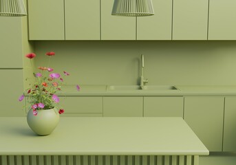 Spring Light Green contemporary kitchen tabletop with empty space for your eco, bio, green product display over beautiful kitchen background with flowers. Minimal elegant trendy kitchen. 3d render.