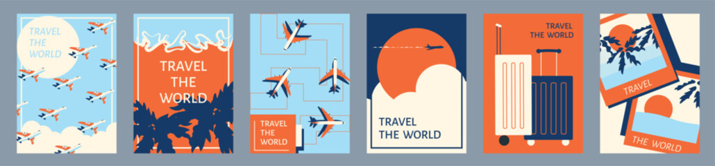 Abstract minimal travel poster, cover, card set with sun, plane in the clouds, palm tree, luggage and typography design. Summer holidays, journey, vacation travel illustrations © Vlada