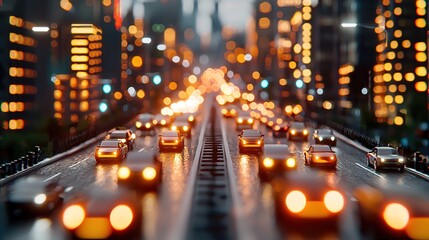 Autonomous drone traffic management urban cityscape gigapixel imagery evening glow aerial perspective future concepts