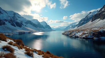 Obraz premium Detailed photo of a Norwegian landscape during midday with sunny weather, captured from a bird's-eye perspective.