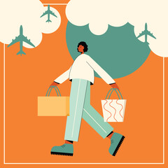 Abstract minimal travel cards set. People with luggage, plane in the clouds, palm tree. Summer holidays, journey, vacation travel illustrations