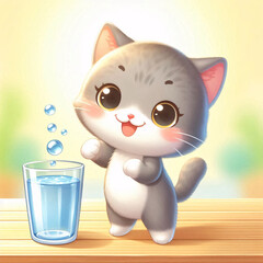 Fototapeta premium Lovable cat standing tall on two legs, smiling warmly while gripping a glass of water, with its big expressive eyes shining
