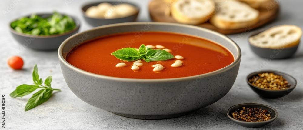 Poster delicious tomato soup with basil and seeds in a grey bowl surrounded by fresh ingredients on a light