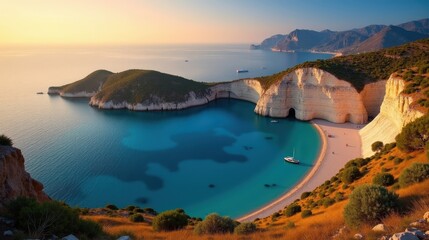 Stunning Porto Katsiki, Greece at dawn under hot, sunny summer conditions, shot from a panoramic perspective.