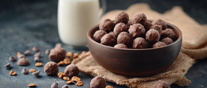 Indulgent chocolate truffles in rustic bowl alongside creamy milk pitcher on burlap cloth offering a comforting and delicious treat