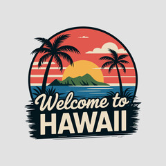 Obraz premium Welcome to Hawaii Badge with Sunset, Beach, and Hibiscus Flowers