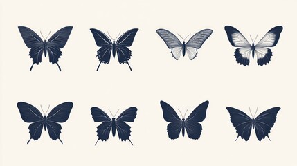 Eight butterfly silhouettes; design elements; nature; white background; graphic design