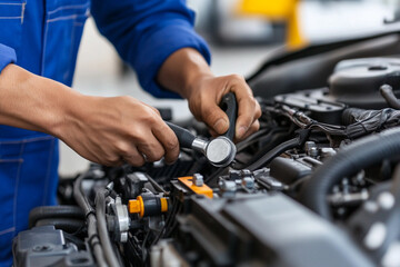 Worker repairs engine components with a wrench during an automotive service in a busy workshop