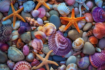 Colorful seashells and starfish scattered on pebbles by the shoreline at sunset