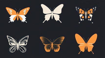 Six stylized butterflies, dark background, design element