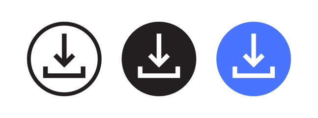 Download icon set featuring different styles and colors. Perfect for file download, data transfer, and digital actions in websites, apps, and user interfaces. Clean vector design with modern styling.