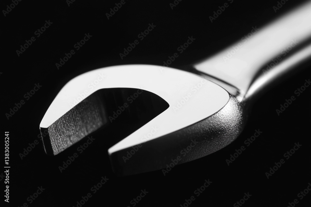 Poster close-up view of a wrench tightening a bolt in a workshop setting during daylight hours
