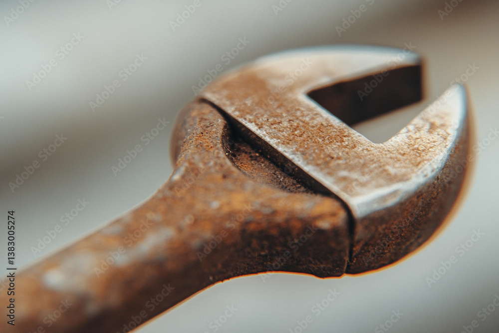 Poster close-up view of a rusty wrench tightening a bolt in a workshop setting