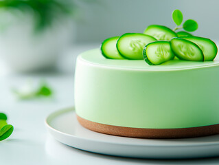  Green monochrome dessert with gentle highlights. Embracing minimalism and balance, this cake becomes a quiet showpiece for modern food lovers.