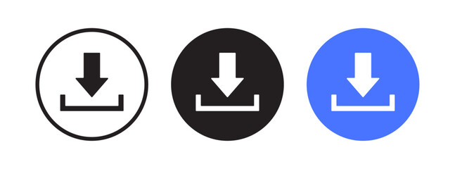 Download icon set featuring different styles and colors. Perfect for file download, data transfer, and digital actions in websites, apps, and user interfaces. Clean vector design with modern styling.