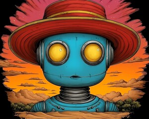 Whimsical Teal Robot in Red Hat at Sunset