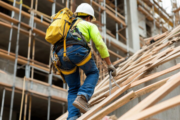 Construction worker climbs a roof structure while operating a crane at a busy construction site in afternoon light