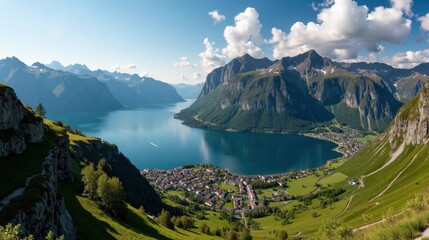 Scenic view in Norway during midday with sunny skies, shot from above.