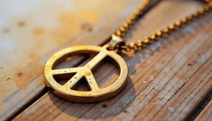 Peace symbol pendant on wooden background, iconic charm