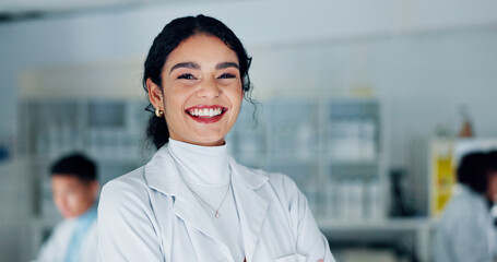 Science, happy and portrait of woman in laboratory with confidence for medical research, innovation or analysis. Healthcare, biotechnology and scientist for vaccine, medicine development or discovery