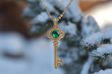 Fototapeta premium Emerald key pendant on a golden chain with diamond accents against a snowy winter background luxury jewelry