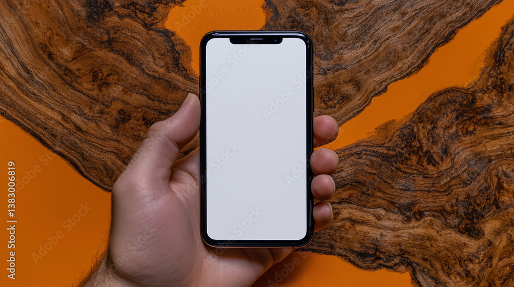 Poster smartphone in hand featuring blank screen for mockup against an abstract background showcasing moder