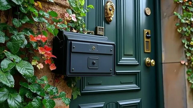 Decorative mailbox adorned with vines beside a charming green front door in an inviting residential area