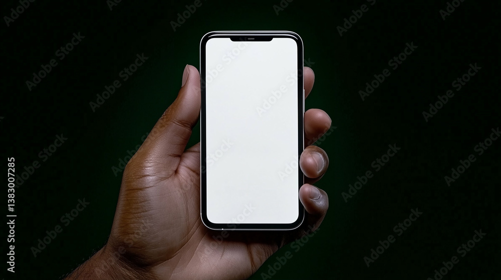 Poster smartphone in hand showcasing blank screen for content placement against dark green backdrop. hand h