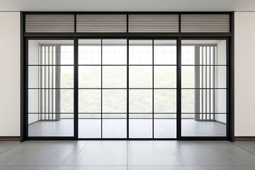 Modern minimalist sliding glass doors showcasing a serene outdoor view with sleek black frames and a tranquil ambiance.