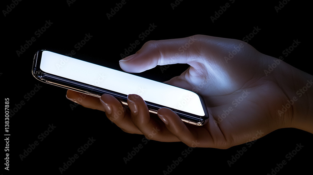 Poster smartphone in hand with glowing screen in dark setting shows modern mobile device being held by a pe