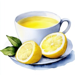 Watercolor Painting of Lemon Tea Yellow Citrus Drink with Green Leaves