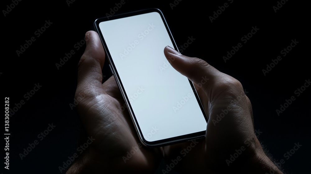 Poster smartphone in hand with blank screen for mockup. person holding mobile phone with empty display in d