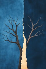 Symbolizing fear of attachment with two trees growing apart in an artistic representation of emotional distance